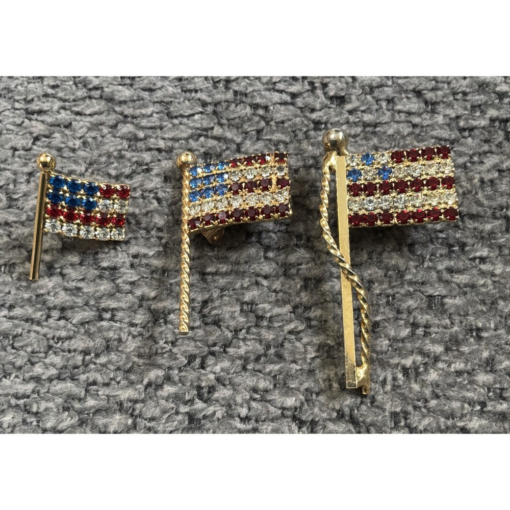 Vtg USA Flag Pin Brooch Lot of 3 Rhinestone American Flag Patriotic Jewelry